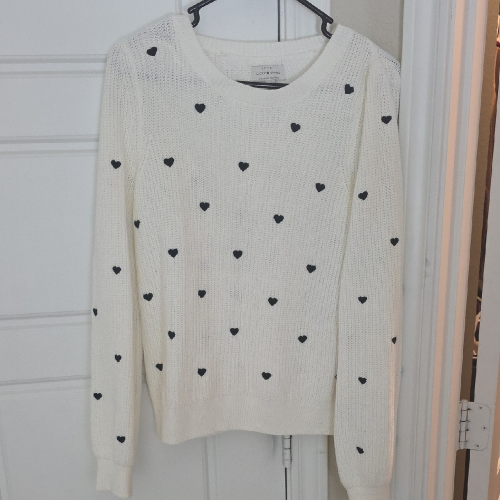 Lucky Brand White and Black Heart Sweater Size S